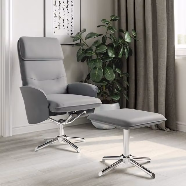 Alphason Belding Modern Grey Faux Leather Recliner Chair with Matching Ottoman and 360 Degree Swivel Base