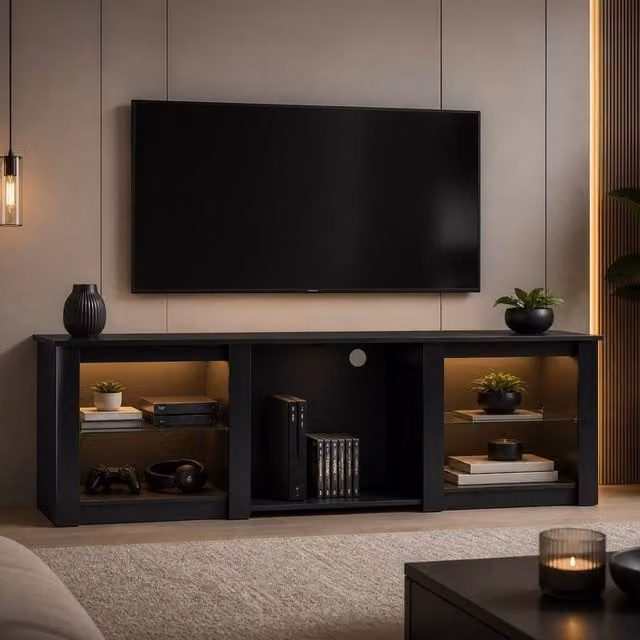 STILVORA Modern Black TV Stand with Integrated LED Lighting and Media Storage Compartments