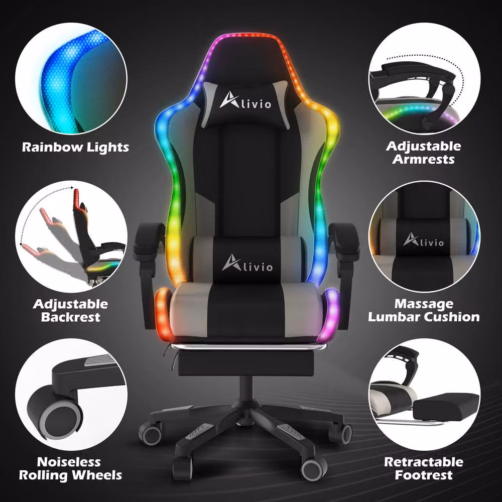 Alivio Wireless RGB LED Gaming Chair with App Control and Massage Lumbar Cushion in Grey – 6