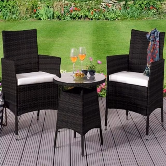 Comfy Living 3 Piece Modern Rattan Bistro Set with Glass Top in Black