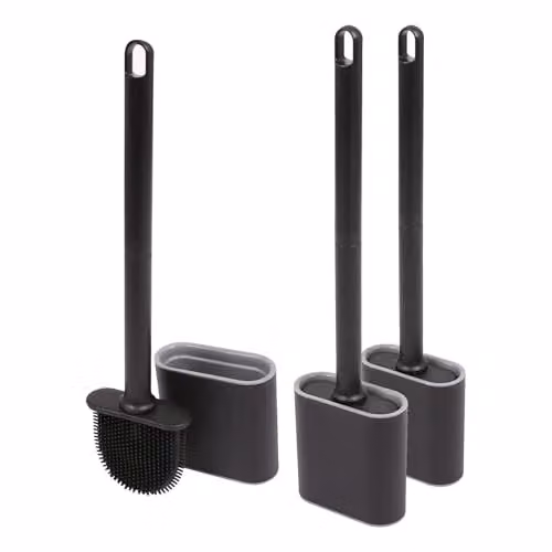 Harbour Housewares Wall-Mounted Silicone Toilet Brush and Holder Set, Pack of 3, Black