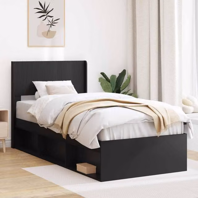 Berkfield Home Black Bed Frame with Headboard and Side Compartment Storage, W/D/H: 90 x 190 cm