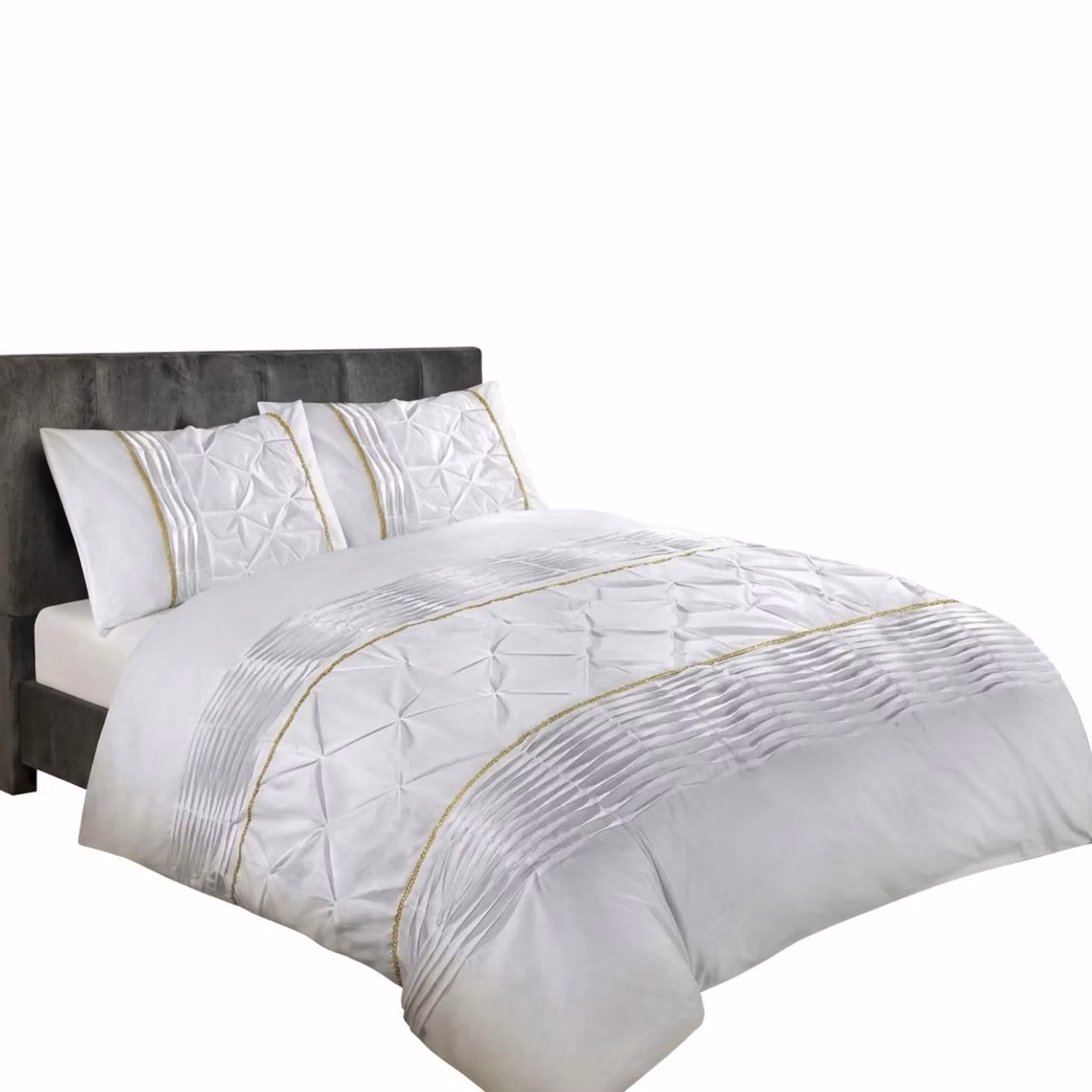 Snug City Modern Pintuck Border Pleated Duvet Cover and Pillowcase Set in White, King Size (W: 180 cm, H: 200 cm) – 2