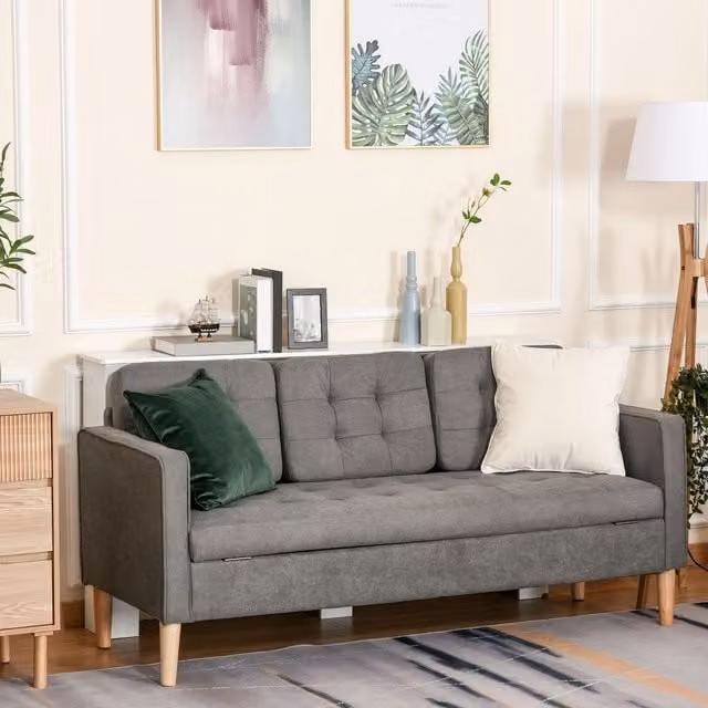 HOMCOM Modern 3-Seater Button-Tufted Fabric Sofa with Hidden Storage and Rubberwood Legs in Grey