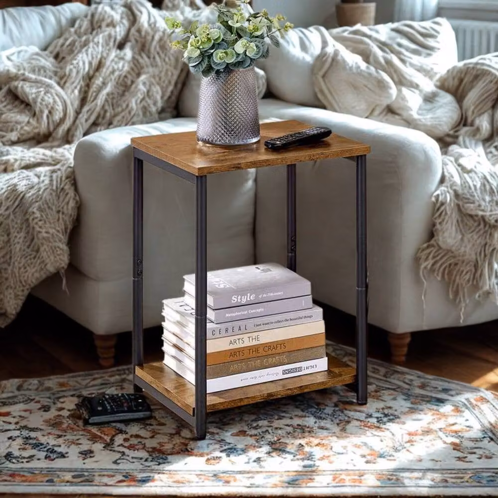 Pirlo Plush 2 Tier Side End Table with Black Steel Frame and Brown Composite Wood Tiers, W/D/H: 30 x 30 x 50 cm – 3