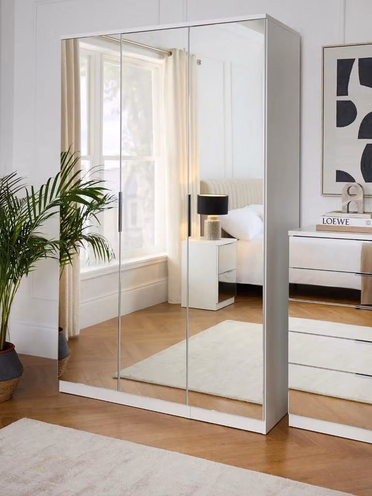 Very Home Modern White Wardrobe with Mirrored Doors, Hanging Rod and Internal Shelves, H 199 cm x W 121 cm x D 52.5 cm