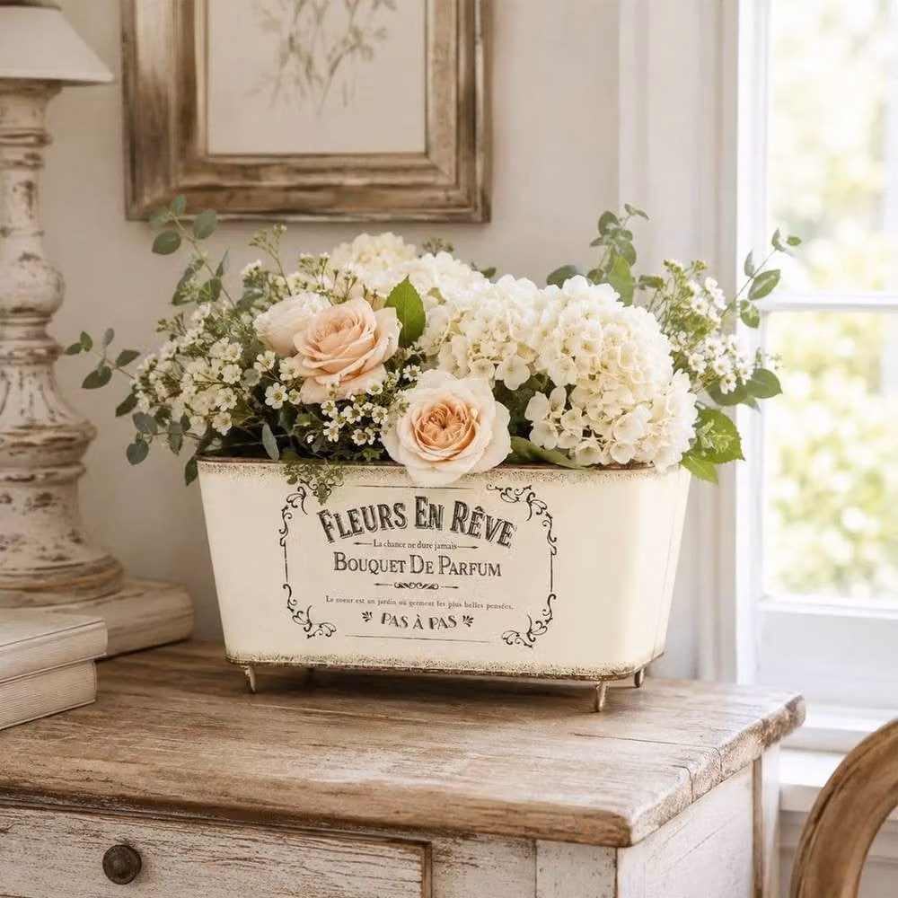 EONLION Rustic French Rectangular Metal Planter Tub in White and Beige – 2