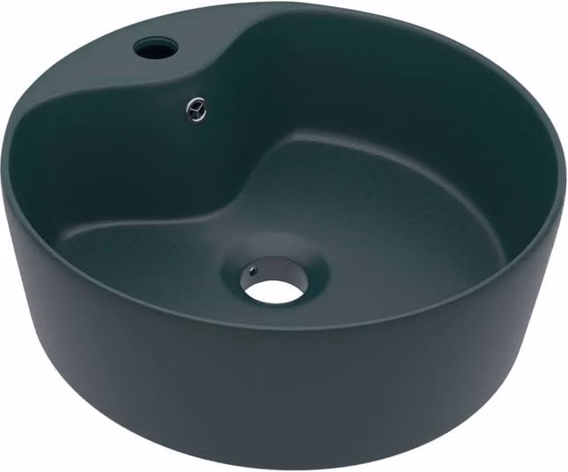Berkfield Home Luxury Ceramic Round Countertop Wash Basin with Overflow in Matt Dark Green, W: 36 cm, D: 13 cm