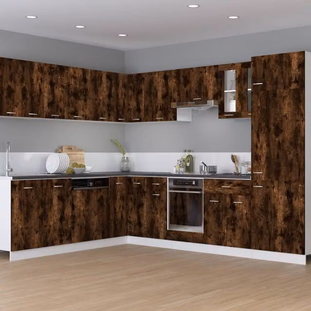 Berkfield Home Smoked Oak Hanging Kitchen Cabinet with Glass Doors, Brown, W/D/H: 29.5 x 31.0 x 60.0 cm