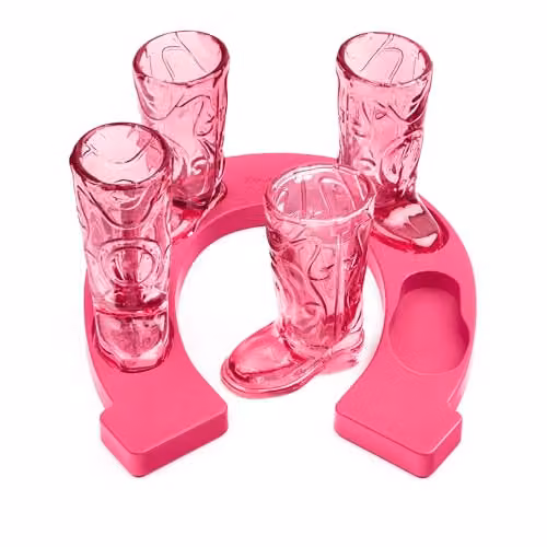 Final Touch Pink Horseshoe Boot Shot Glass Set with 4 x 30 ml Cowgirl Boot Glasses and Horseshoe Serving Tray – 1