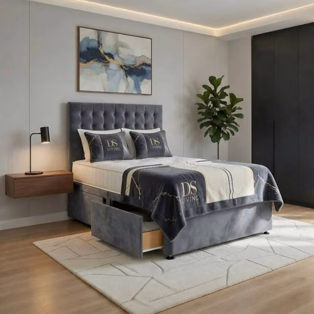 DS Living Casia Grey Upholstered Velvet Fabric Drawer Bed, W/D/H: 180 x 200 cm – 1