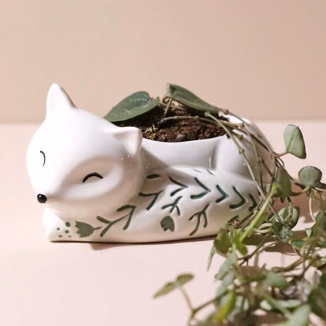 Lisa Angel White Ceramic Sleeping Fox Tabletop Planter with Green Floral Details