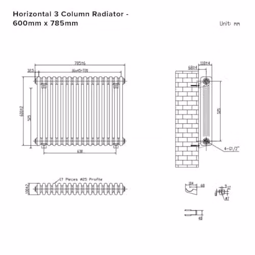 Lux Heat Black Horizontal 3 Column Traditional Steel Radiator, H 60.0 cm x W 78.5 cm – 4