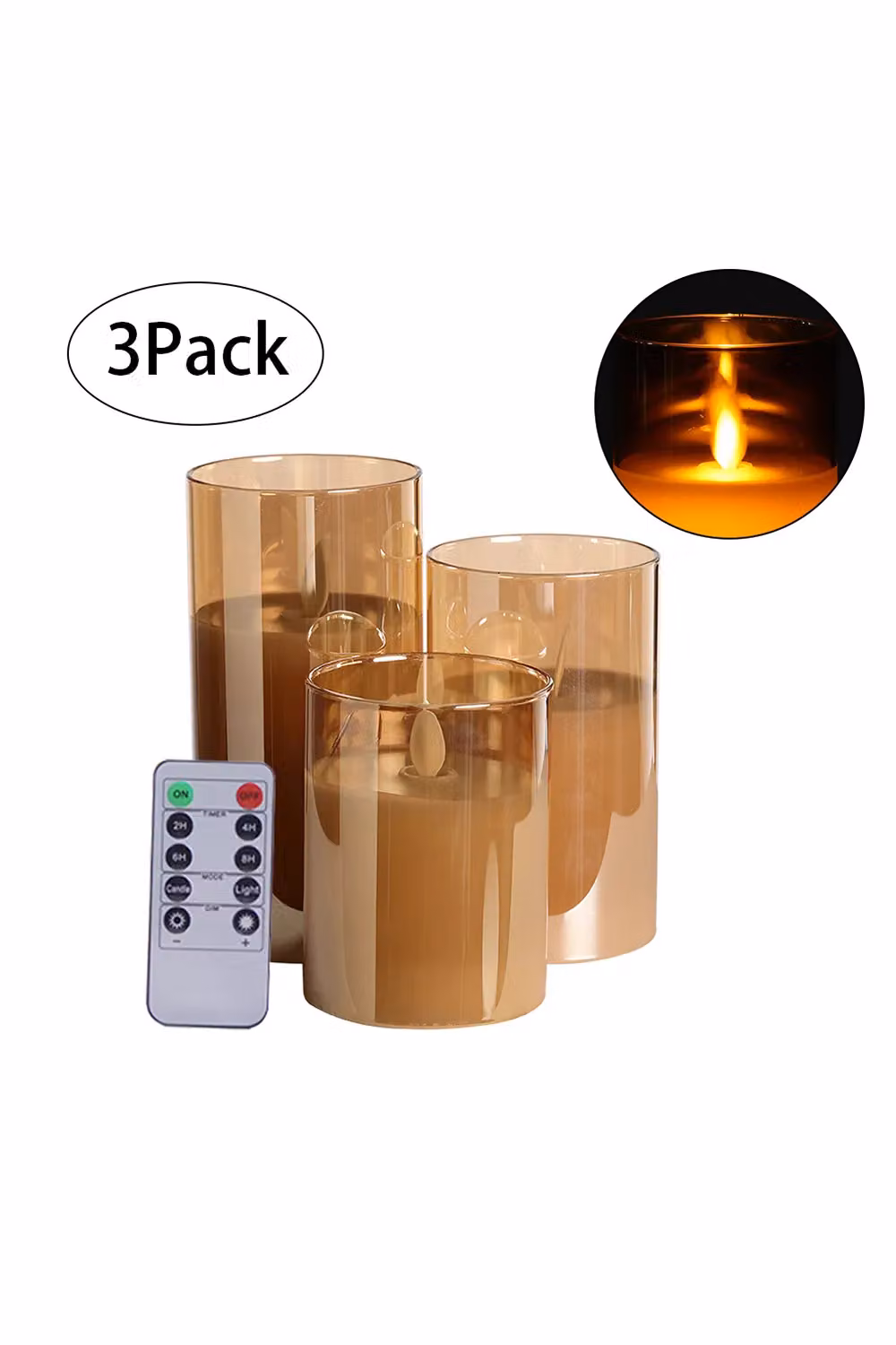 Living and Home 3Pcs Gold Glass Flameless LED Pillar Candles with Realistic Swaying Flame in Grey – 2