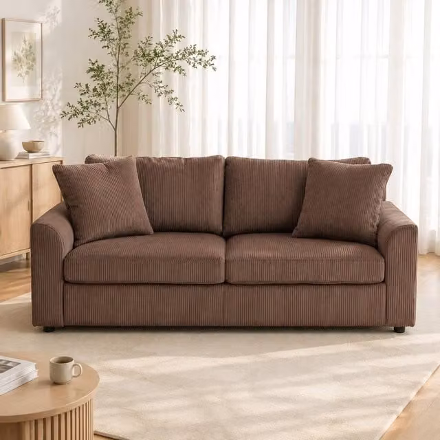 STILVORA 3 Seater Brown Corduroy Upholstered Sofa with Scatter Cushions, W: 212 cm, H: 88 cm, D: 80 cm – 1