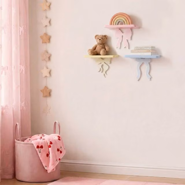 OHS Set of 3 Multicolour Bow Novelty Floating Wall Mounted Shelves for Children