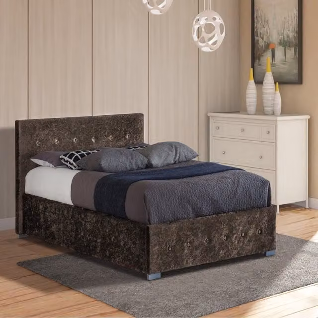 Comfy Living Brown Crushed Velvet Upholstered Ottoman Storage Gaslift Bedframe, W/D/H: 180 x 200 cm