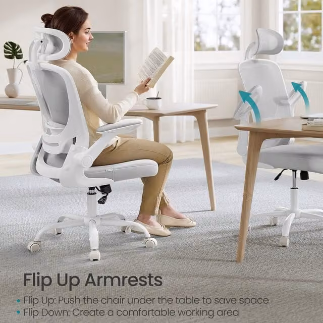 SONGMICS Ergonomic Mesh Office Swivel Chair with Headrest and Armrests, Grey