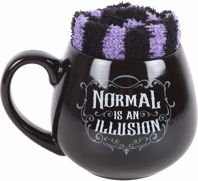 Something Different Normal Is An Illusion Gothic Ceramic Mug and Striped Sock Set in Black – 1