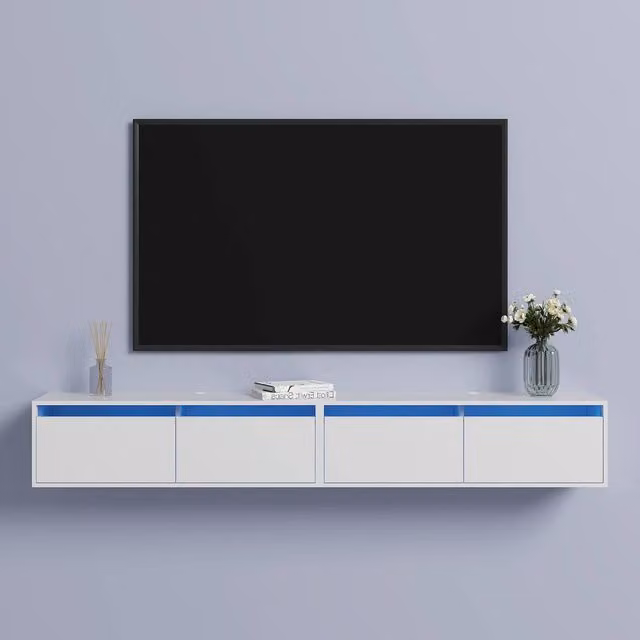KEEPREAPER Set of 2 Floating TV Stands for 55-85 inch TVs with 2 Flip-Down Doors and LED Lighting in White – 1