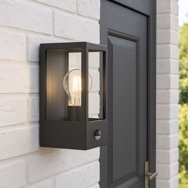 CGC Lighting Marina E27 Outdoor PIR Motion Sensor Wall Light Lantern in Black with Transparent Diffuser