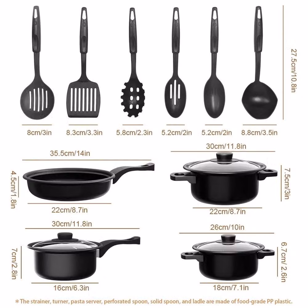 KORVIXA 13-Piece Non-Stick Cookware Set in Black with Iron and Glass Lids – 2