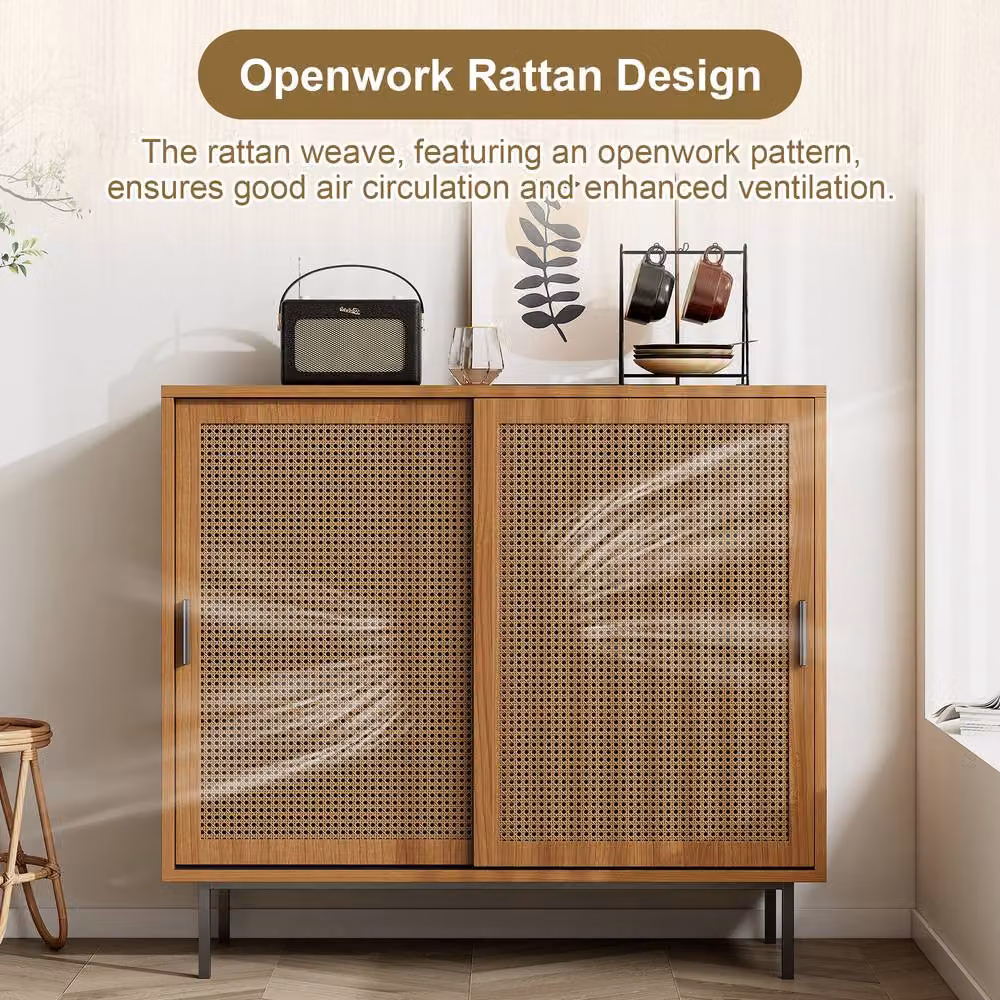 Merax Rattan Sliding Door Sideboard Kitchen Cabinet with Adjustable Shelves in Walnut – 2