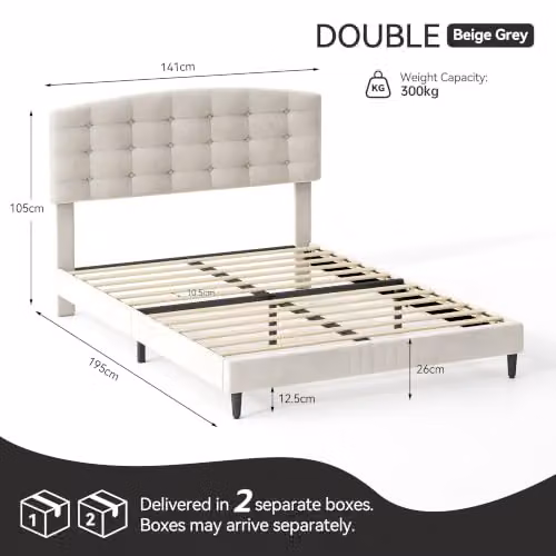 MCC Direct Cheyenne Double Velvet Upholstered Bed Frame in Beige, W/D/H: 140 x 200 x 105 cm – 2