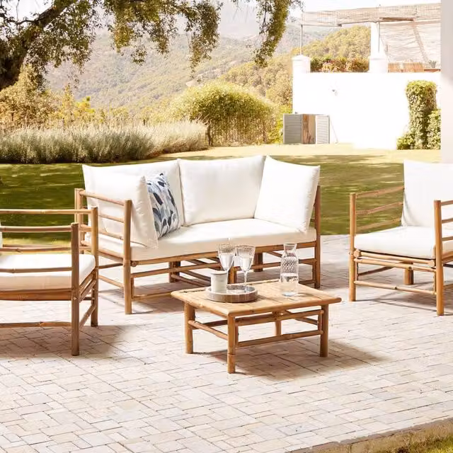 Wyld and Coco 4-Piece Modular Bamboo Sofa with White and Brown Fabric Cushions