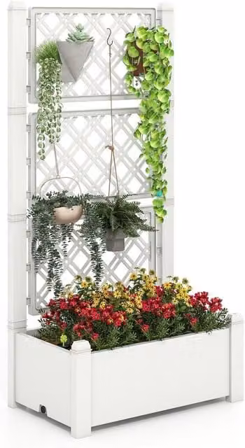 COSTWAY Self-Watering Raised Planter Box in White Plastic WPC for Vegetable, Herb and Ornamental Gardens