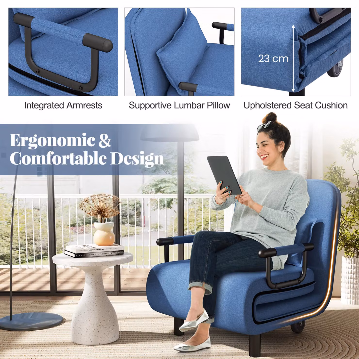 Costway Modern Fabric Single Folding Sofa Bed Chair in Blue – 6
