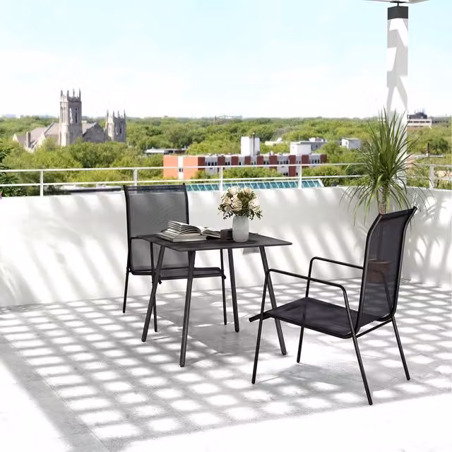 Outsunny Square Garden Table with Slat Top and Powder Coated Steel Frame, Black, W: 80 cm
