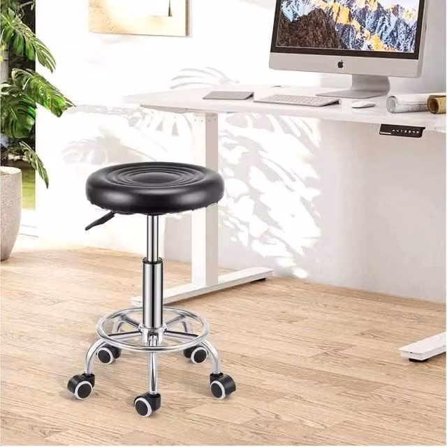 NESTLUNE Black Adjustable 360 Swivel Round Bar Stool with Synthetic Leather Seat, W/D/H: 60 x 60 x 100 cm