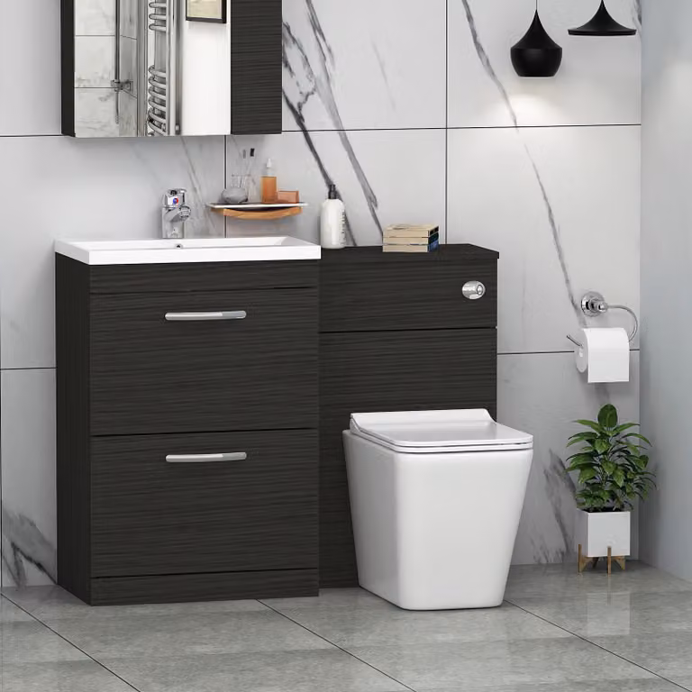 Royal Bathrooms Turin Black Matt Mid-Edge Floor Standing Bathroom Furniture Pack with 2-Drawer Vanity Unit and Slim Elena Toilet