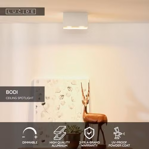 Lucide BODI Dimmable Surface Mounted Ceiling Spotlight in White with 2xGU10 LED Lamps – 2