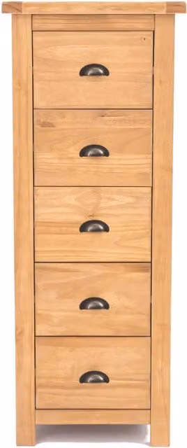 Cabinet Bits Lugo 5 Drawer Narrow Chest of Drawers in Rustic Brown Pine with Gold Handles