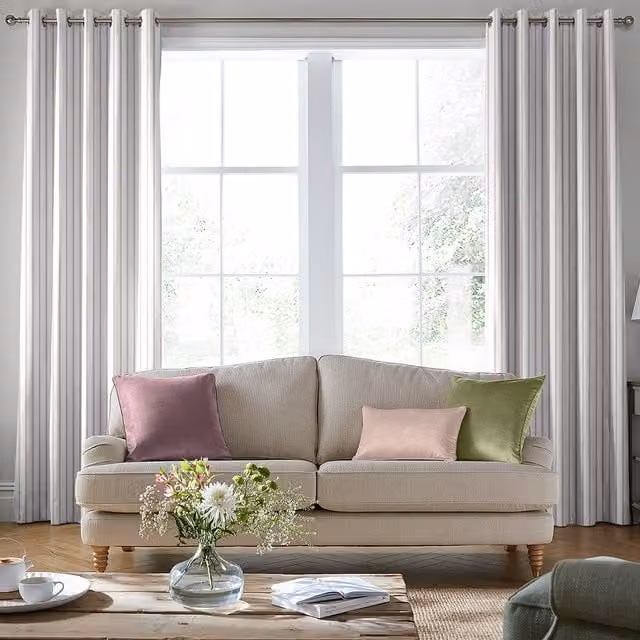 Laura Ashley Burnsall Stripe Made To Measure Blackout Eyelet Curtains in Purple and White