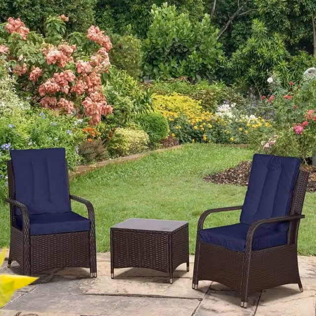 OUTSUNNY 3-Piece Rattan Bistro Set with Steel Frame and Glass Table in Dark Blue – 1