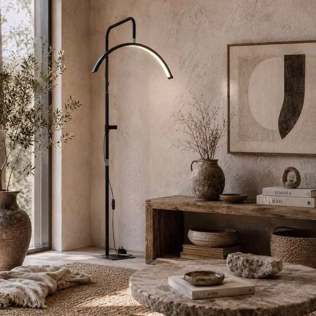 Wyld Haus Elma Black Half Moon Floor Lamp with Rotating Dimmable Head and Phone Holder