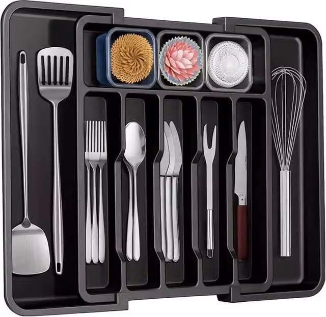 EONLION Black Plastic Extendable Cutlery Drawer Organiser and Utensil Tray