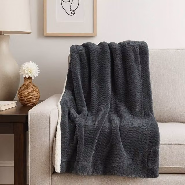 Voltico Jacquard Flannel Sherpa Throw in Charcoal and Grey, W/D/H: 130 x 160 cm