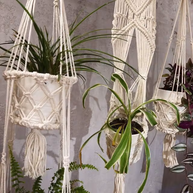KDMK White Boho Macrame Hanging Plant Holder for Single Small Pots