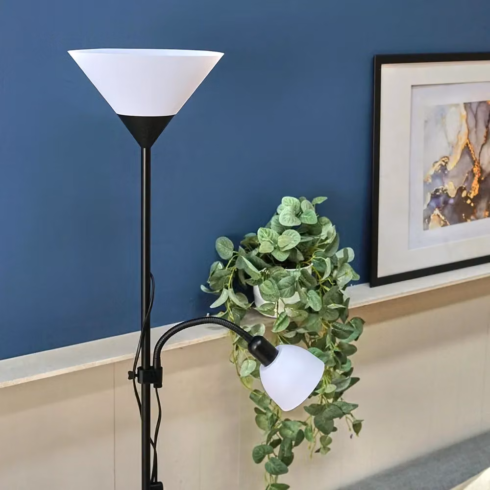 ValueLights Moz Mother and Child Uplighter Floor Lamp with Adjustable Side Lamp in Black and Gold/Brass – 3