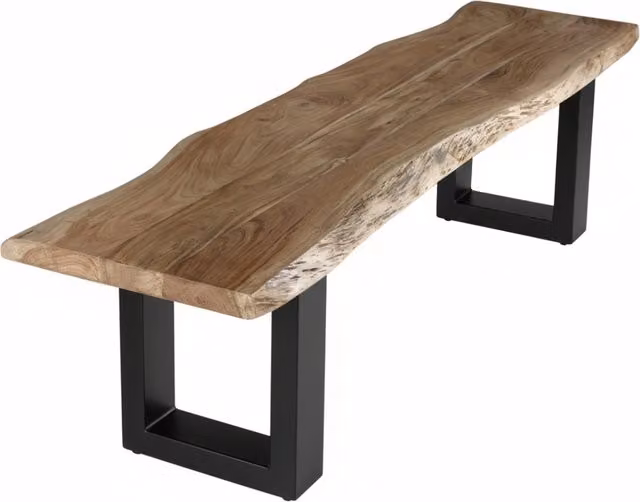 IH Design Live Edge Acacia Wood Dining Bench with Black Metal Legs, Tan/Brown