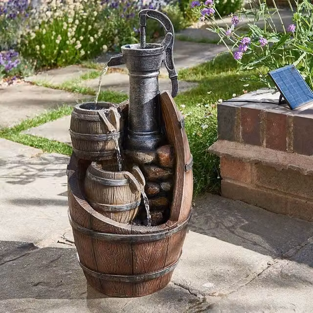Garden Mile Whisky Barrel Cascade Solar Water Feature Fountain in Brown