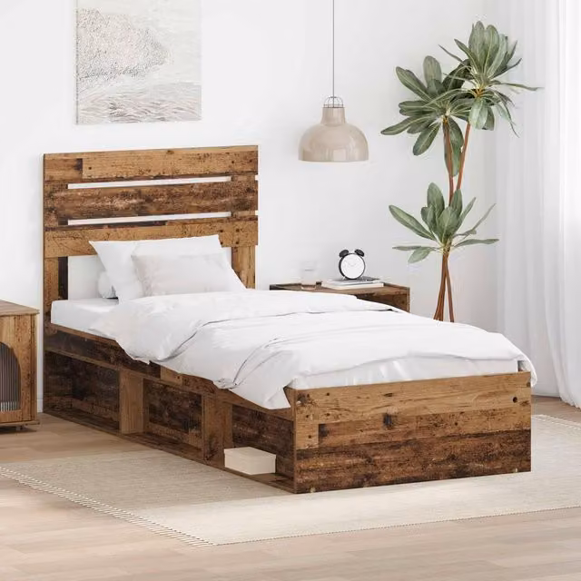 Berkfield Home Solid Pine Wood Bed Frame with Headboard in Brown, W/D/H: 90 x 190 cm