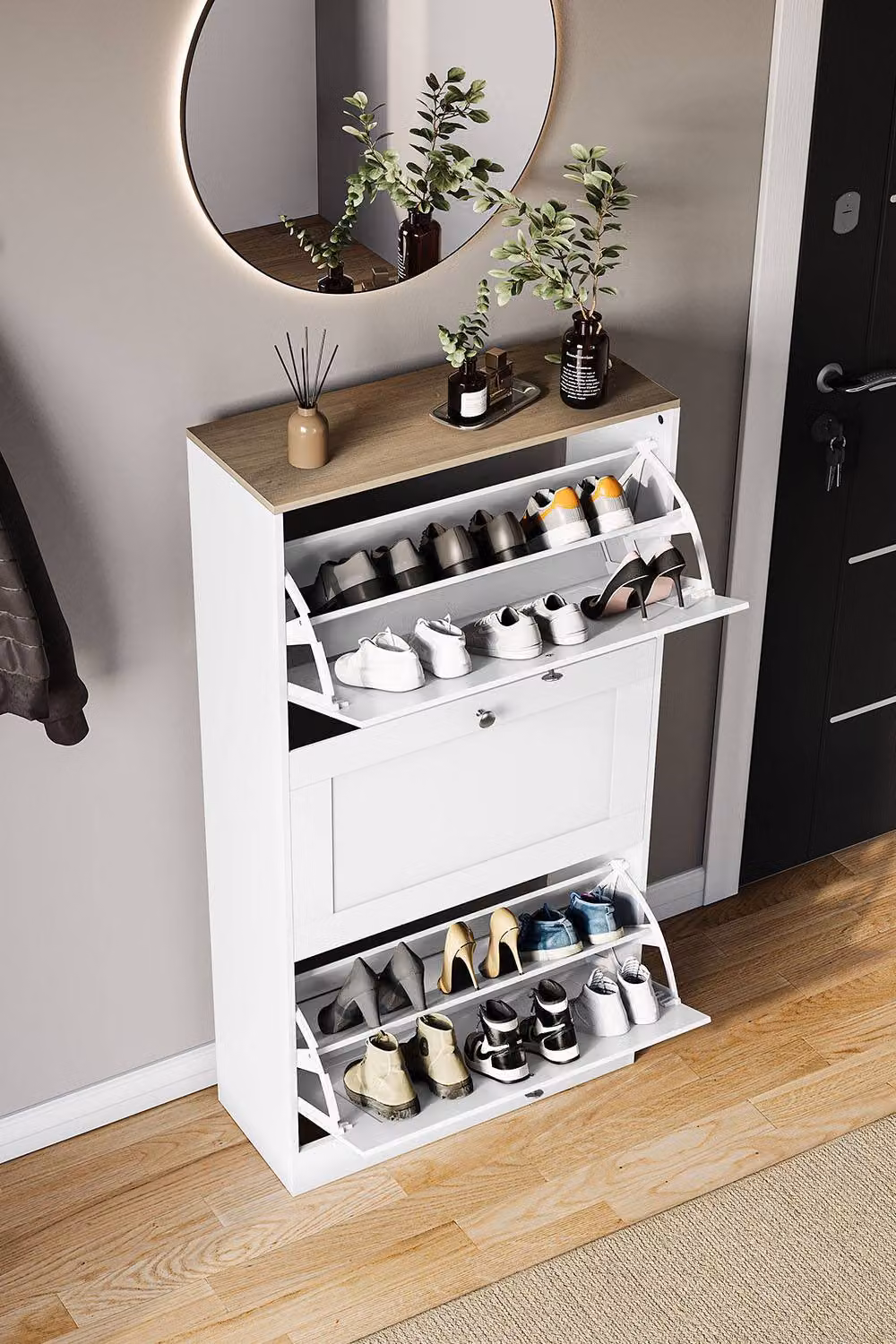 HD Designs Modern White 3 Drawer Shoe Cabinet with Tilting Compartments and Internal Shelves H 117.0 cm x W 58.0 cm x D 3.0 cm – 2