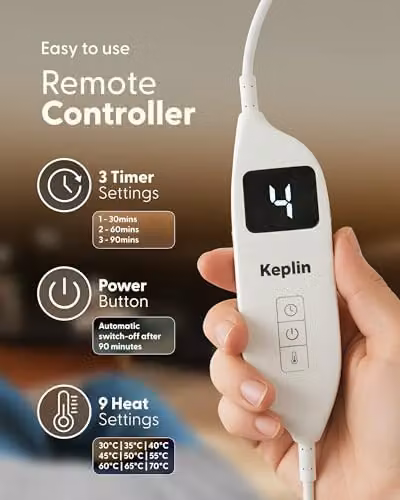 Keplin Electric Heating Pad for Back, Neck and Abdomen in Grey with Flannel Cover, 9 Heat Settings and Auto Shut Off, W/D/H: 60 x 30 x 30 cm – 4