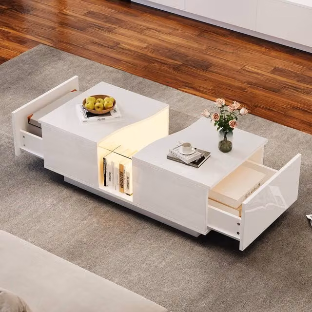 Rolipo High Gloss White LED Coffee Table with 2 Storage Drawers – 1