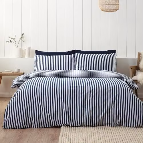 Catherine Lansfield Reversible Striped Cotton Flannelette Duvet Cover and Pillowcase Set in Blue, W/D/H: 230 x 220 x 180 cm – 1